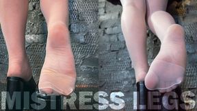 Goddess in white pantyhose foot play with clogs (MP4 4K PORTRAIT)