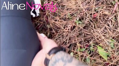 Blonde with big ass goes to harvest pine nuts and makes an outdoor blowjob with the right cumshot in the mouth