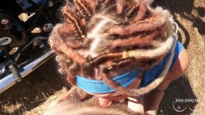 Russian teen with dreadlocks gives footjob and blowjob outside