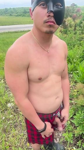 Muscular Asian Hunk Strips and Flexes Naked by the Highway - Public Muscle Worship Jo & Cum Eating