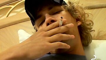 Blonde twink Casey Wood jerk off off his dong while smoking