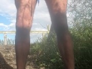 Quick piss in bare feet, long rubber gloves and dirty white shorts