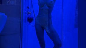 Hot MILF with Big Tits Rides & Fucks Her Dildo In Blue Light Shower