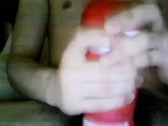 Bi 18 yr old stroking his virgin cock with my new Tenga cup.