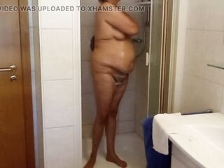 German BBW MILF 53 with natural bazookas & soft abdomen takes a shower