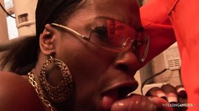Chunky ebony with big tits enjoys double penetration during hard intense threesome sex
