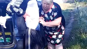 Stepmom holds my dick while I pee and then sucks it in public