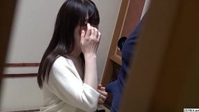Unhairy married Japanese wife cuckolds, husband watches excitedly; starts with teasing blowjob, then full striptease