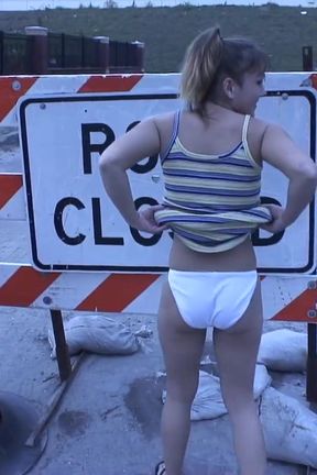 Shy waitress gets naked at a construction site