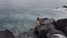 Surprise cumshot on a nudist's face at the beach! Cuckold husband   lover marked her