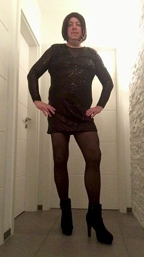 Nicki crossdress in sexy festive dress with black tights looking for a sexy date for New Year&#039;s Eve
