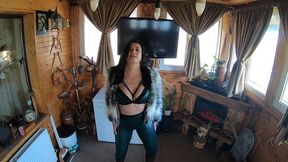 tight green leather pants cameltoe – blowjob & doggy with cum on my fur coat & downjacket