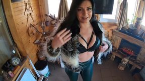 tight green leather pants cameltoe – blowjob & doggy with cum on my fur coat & downjacket