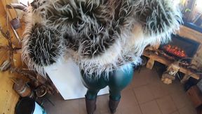 tight green leather pants cameltoe – blowjob & doggy with cum on my fur coat & downjacket