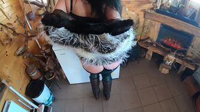 tight green leather pants cameltoe – blowjob & doggy with cum on my fur coat & downjacket