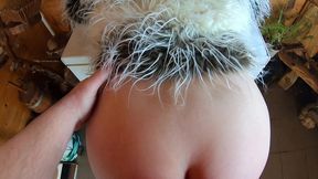 tight green leather pants cameltoe – blowjob & doggy with cum on my fur coat & downjacket