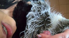 tight green leather pants cameltoe – blowjob & doggy with cum on my fur coat & downjacket