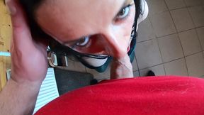 tight green leather pants cameltoe – blowjob & doggy with cum on my fur coat & downjacket