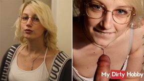 German blonde with amazing body gives a handjob and welcomes a facial