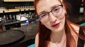 Amateur German redhead girlfriend gives sloppy blowjobs in a restaurant