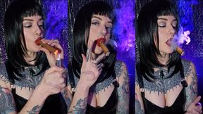 720p Smoking a Big Cigar in Black Vinyl Dress & Red Lipstick