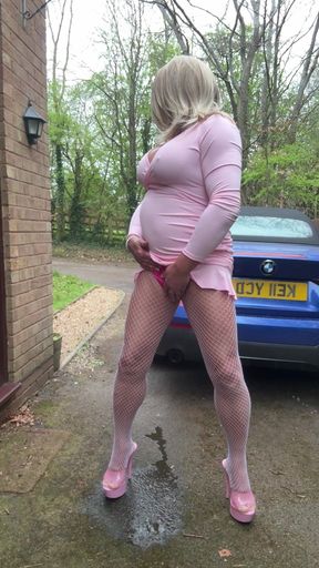 Sexy Crossdresser Kellycd2022 in Pink Dress and White Fishnet Pantyhose