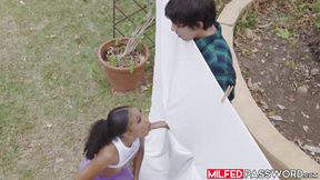 Dark-haired MILF Olivia Jayys seduces handsome neighbor with intense workout teasing
