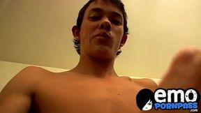 Cute brunette emo twink Riley wanking hard at his fat dick