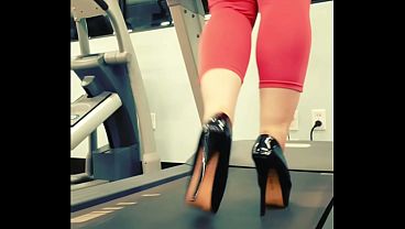 Stiletto High Heels Public Gym Treadmill Walking in pleasers tall shiny black stripper shoes workout yoga pants exercise cardio - Kyra Hellfire