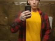 SKINNY GUY IN HAT AND FLANNEL CUMS IN BATHROOM MIRROR AT WORK