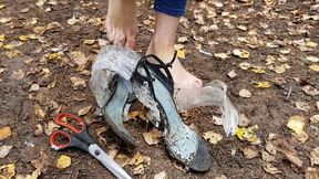 Wrecked high heels, sandals with scotch tape and cream, high heels with toes wide open, high heels ruined