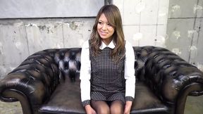 Skinny Japanese nubile talks before getting fucked hard by older men in a standing creampie scene