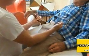 Grandpa enjoy blowjob by young man