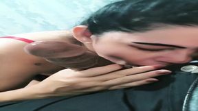 Asian GF gives double blowjobs to two erect cocks