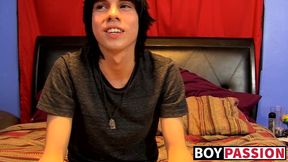 Young man tugs on his cock vigorously after kinky interview