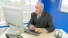 Big boobed babe fucks a bald bloke in his office
