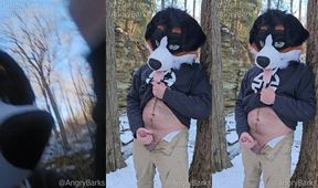 Furry jerking off in the woods leaking then shooting hard cum