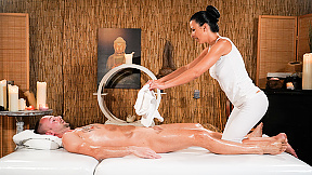 Raven-haired masseuse Shalina Devine makes her client cum