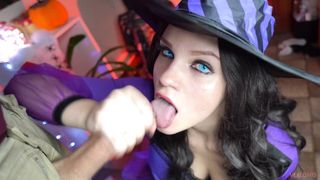 Virgin witch gets cum on her face first time on Halloween