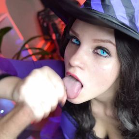 Virgin witch gets cum on her face first time on Halloween