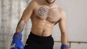 A boxer's workout at home, an explosion of cum in his boxing gloves