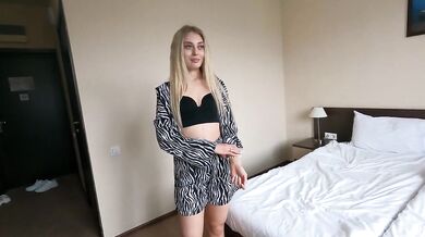 Pretty blonde fucked raw in public hotel for first date cum