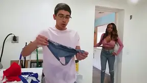 Thick Ebony MILF Stepmom Catches Her Horny Stepson Sniffing Her Panties Then Rides His Big Prick Raw