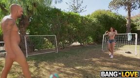 Hot redhead soccer player Alice gives deepthroat BJ and rides cock hard