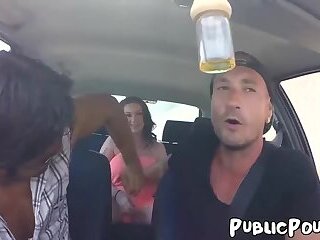 Busty babe Harmony Reigns sucking before public cowgirl