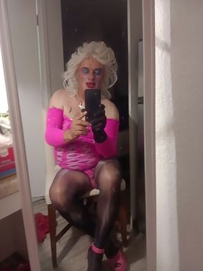 Blonde crossdresser shiny stockings