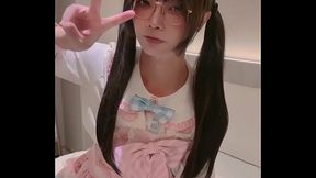 Cute big-dick femboy Aroma jerks off in a pink dress and cums