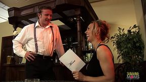 The bartender pleases his milf customer by giving her a new on the menu his big cock