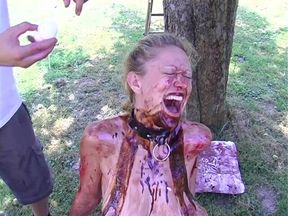 Blonde slut gets all covered with food outdoors