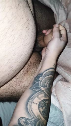 Step mom with tattoo recorded on camera while handjob step son dick